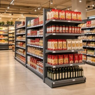 Commercial supermarket gondola racks with multi-tier retail shelving for B2B store fixture projects