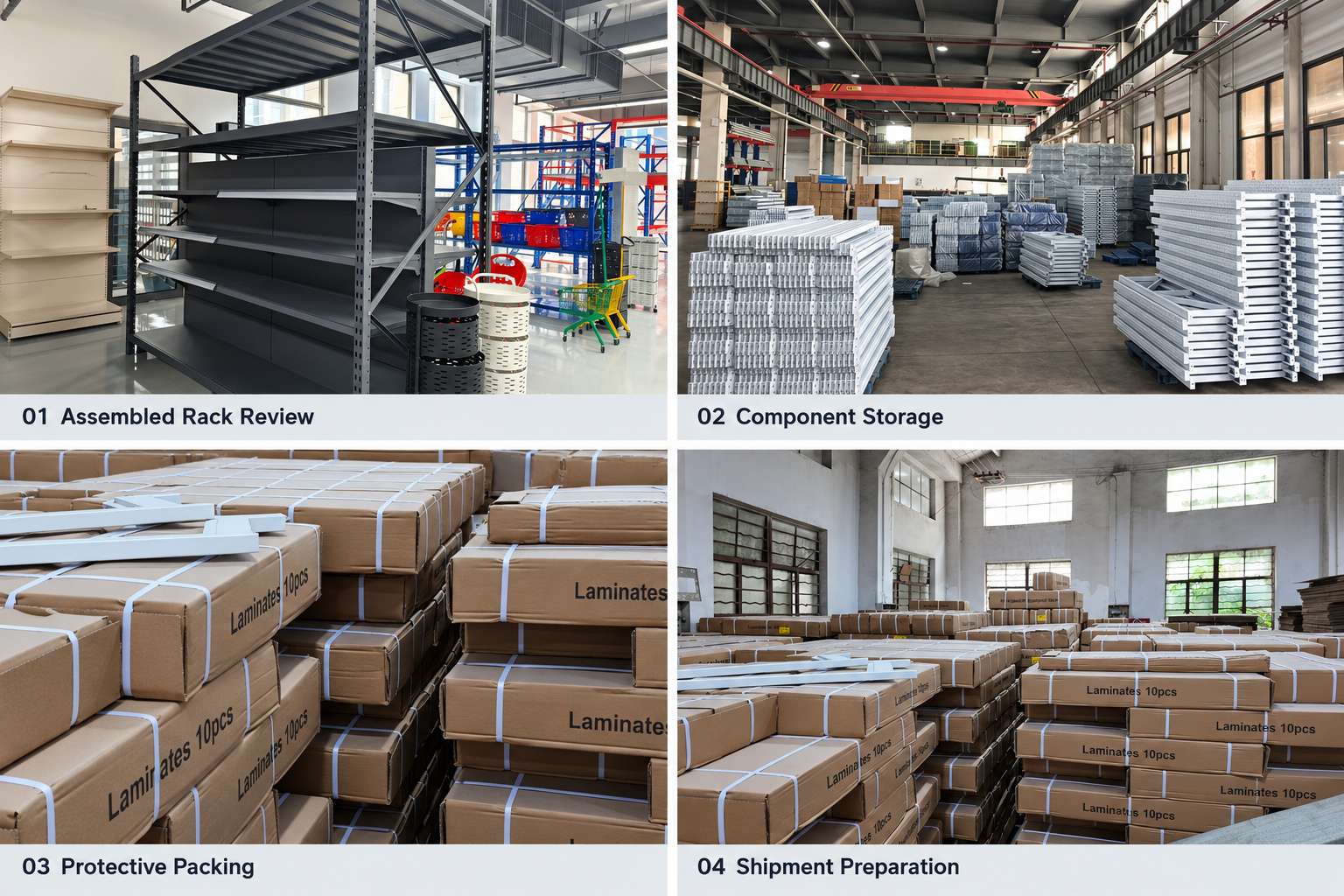 Assembled racks, component storage, protective packing and shipment preparation.