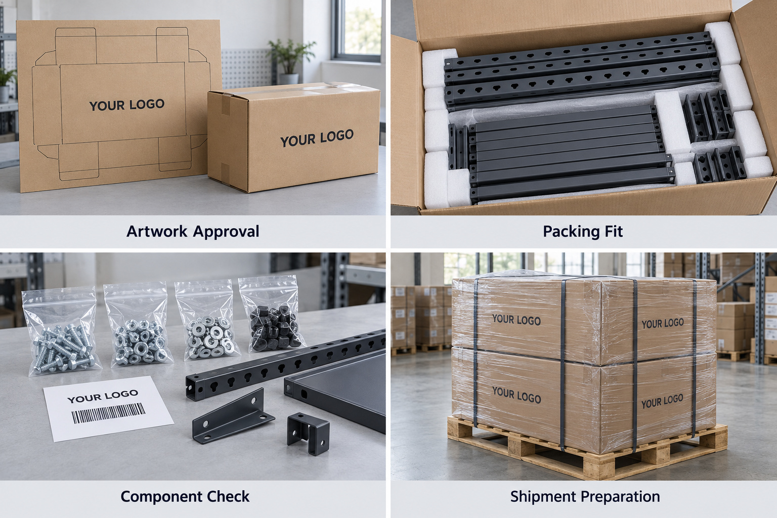 Branded carton samples, foam-protected rack parts, labels and wrapped pallets.
