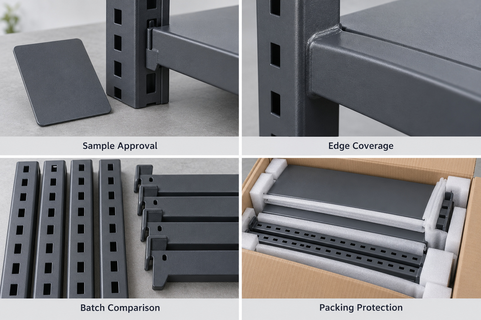 Charcoal rack finish samples, coated edges, matching components and protective packing.