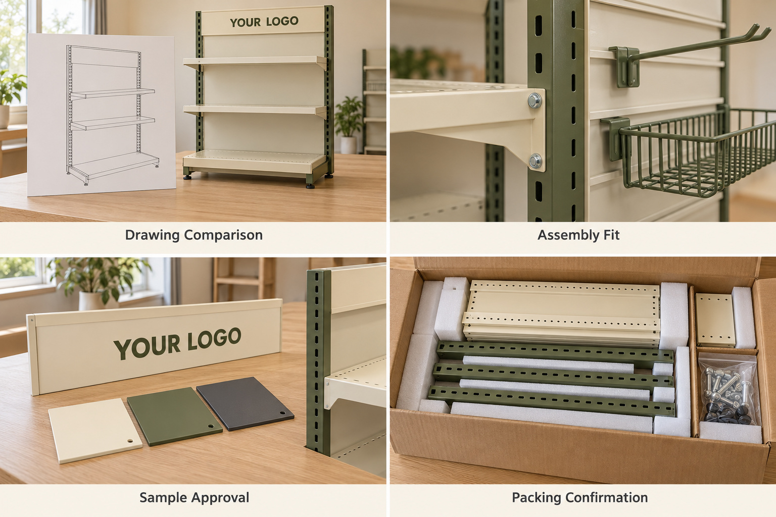 Custom rack assembly, color samples, logo panel and foam-protected components.