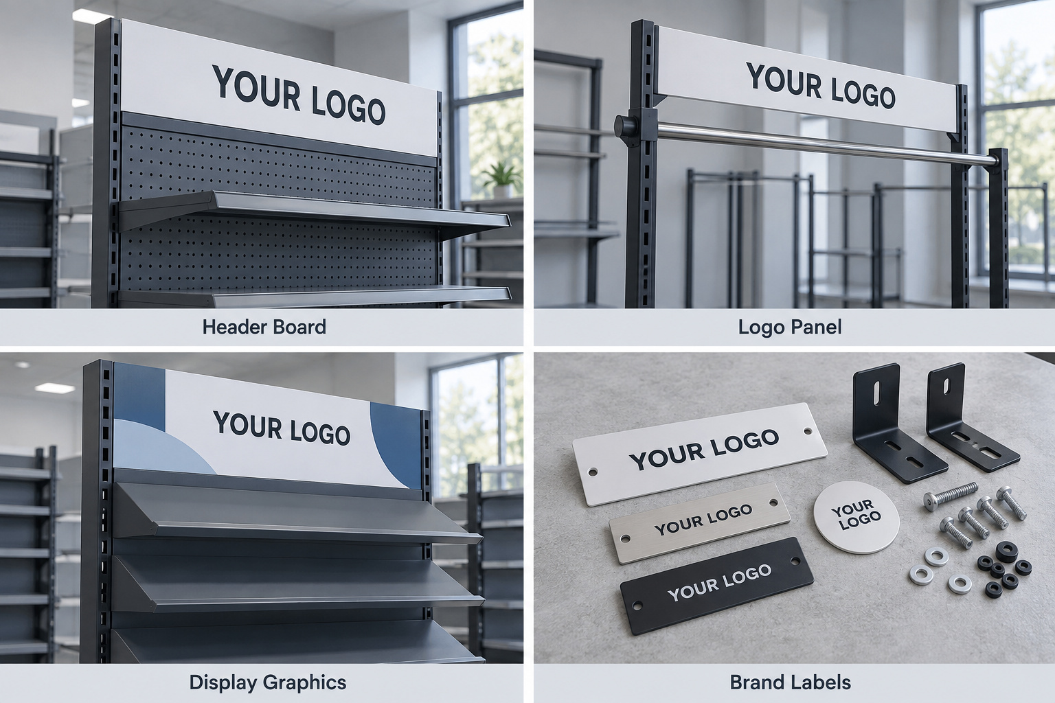 Custom rack branding panels and labels with matching mounting hardware.