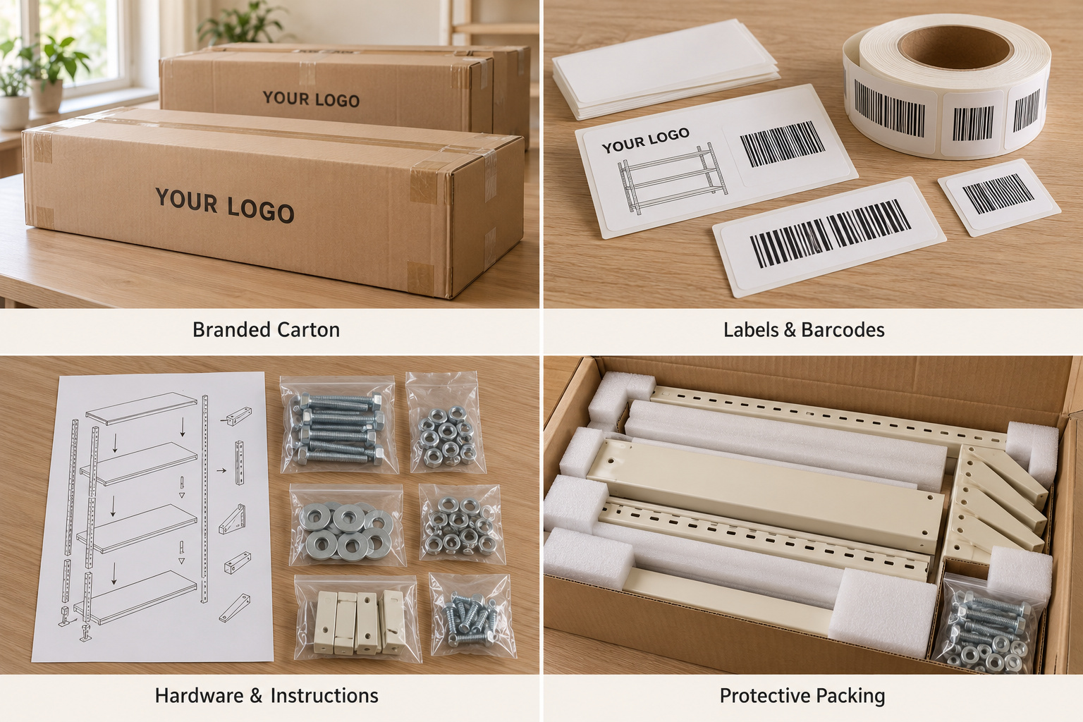 Custom rack cartons, labels, assembly instructions and foam-protected components.