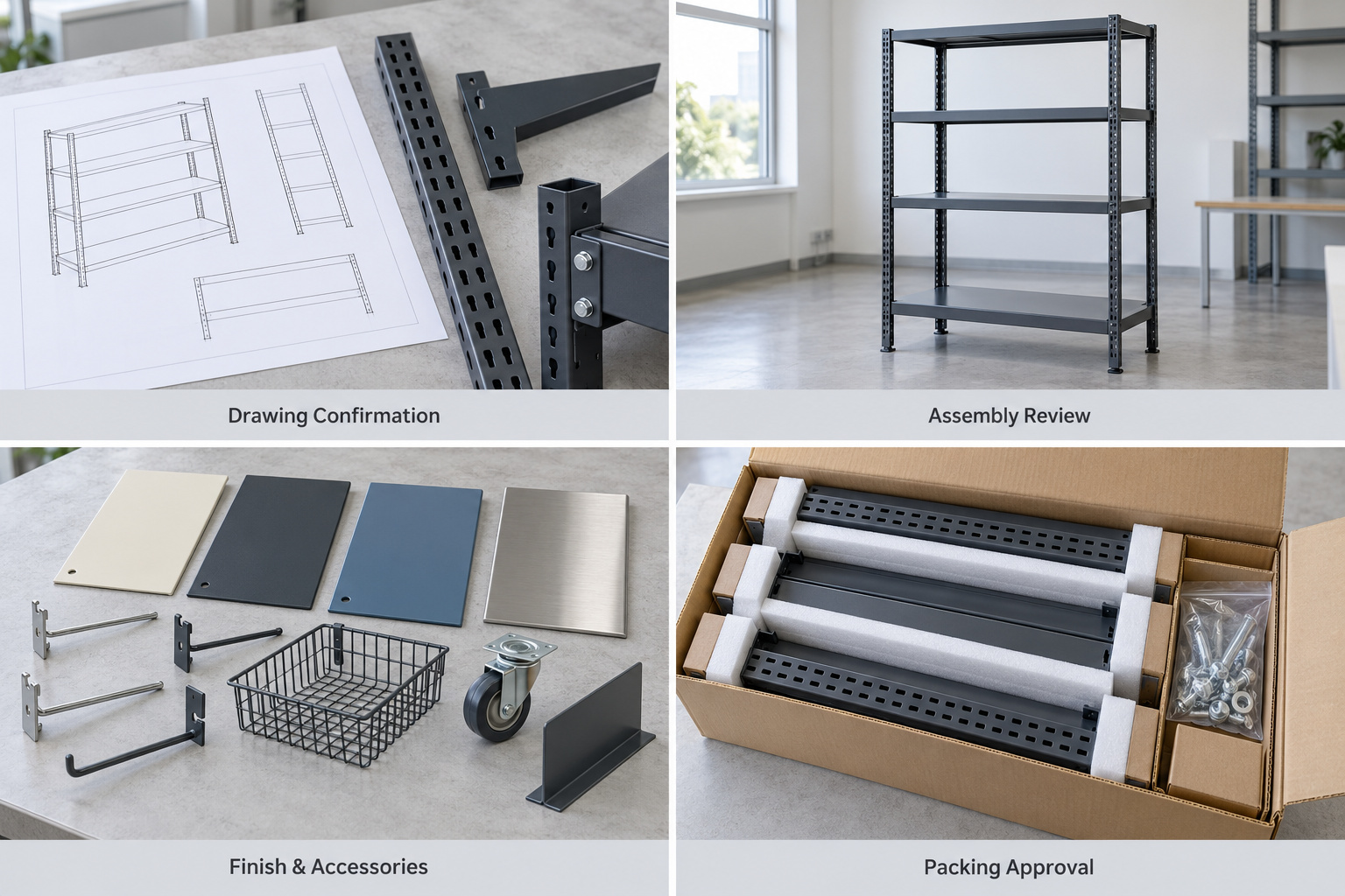 Custom rack drawings, assembled shelving, finish samples and protective packaging.