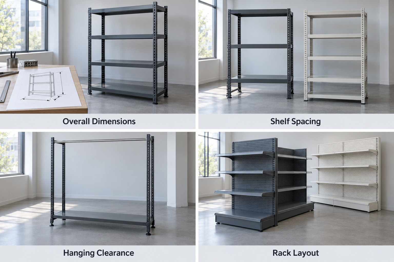 Custom rack layouts with adjustable shelving and garment hanging space.
