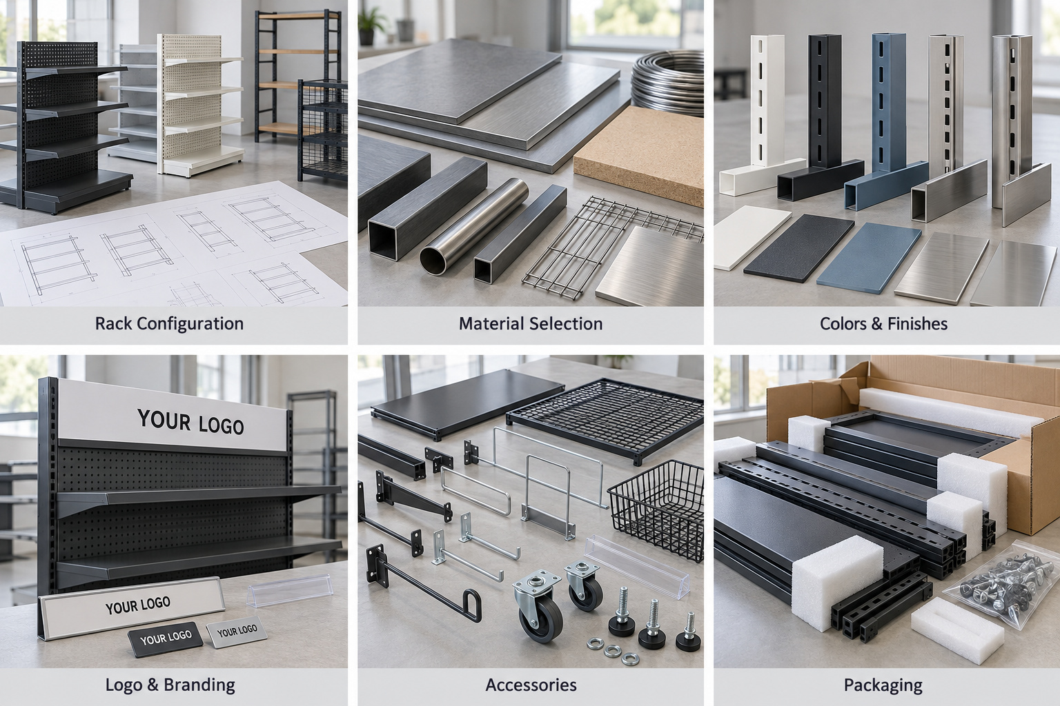 Custom rack options for structure, materials, finishes, branding, accessories and packaging.