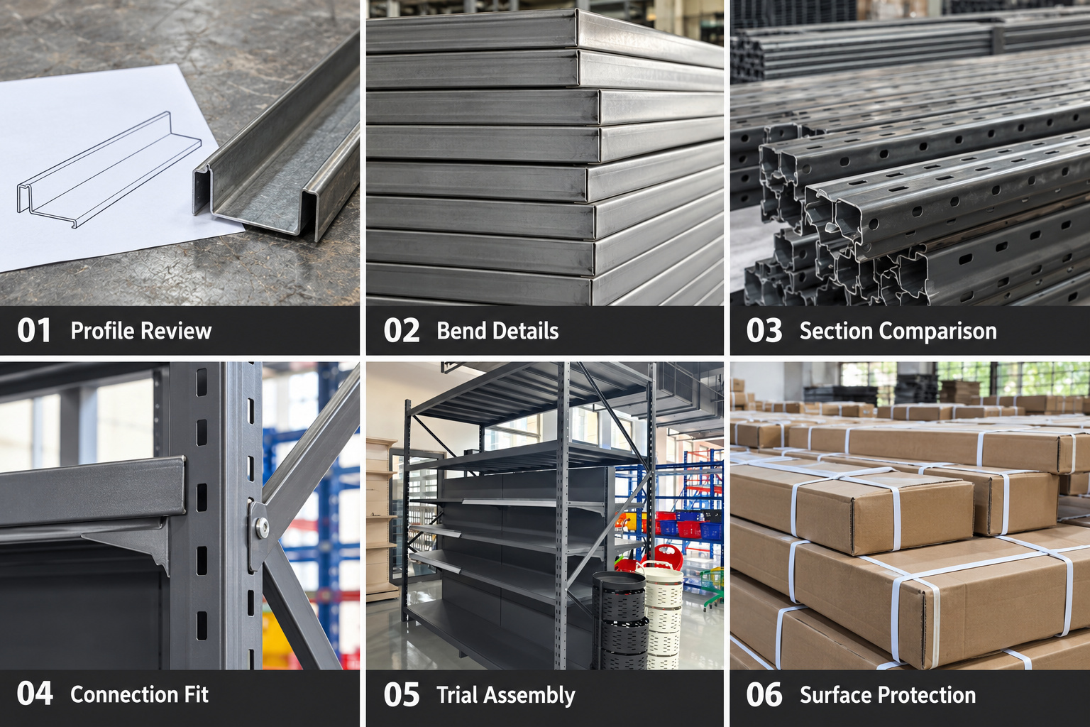 Formed rack profiles, shelf bends, connection fit and protective packing.