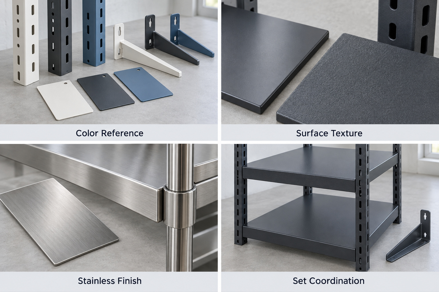 Powder-coated rack components, finish samples and coordinated cream shelving.