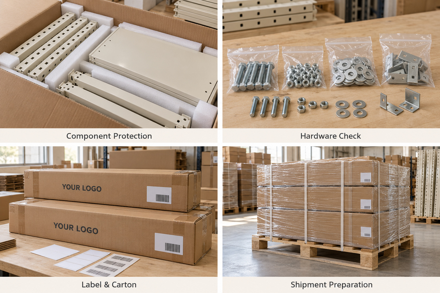 Protected rack parts, hardware kits, private-label cartons and wrapped pallets.