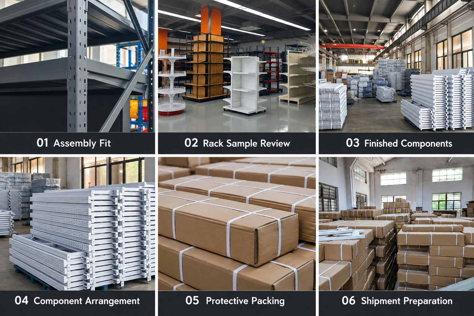Rack assembly, finished components, protective packing and shipment preparation.