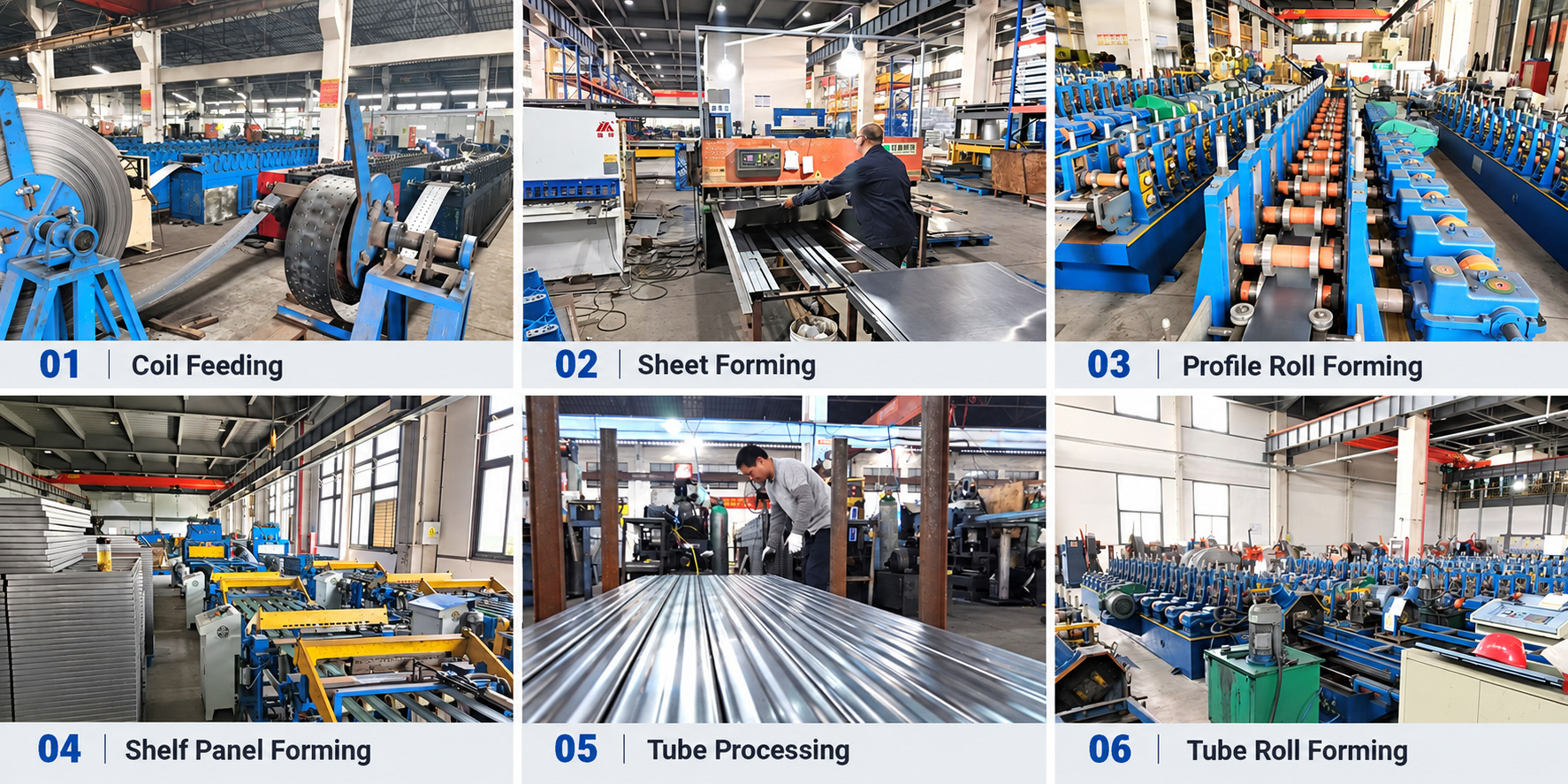 Rack component production with coil feeding, sheet forming, roll forming and tube processing.