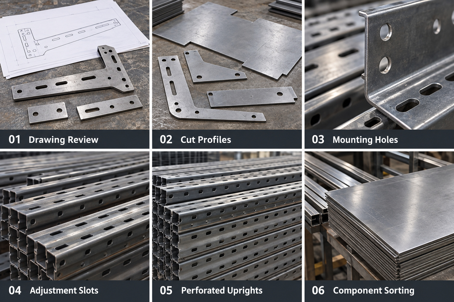 Rack component profiles, mounting holes, adjustment slots and sorted steel parts.