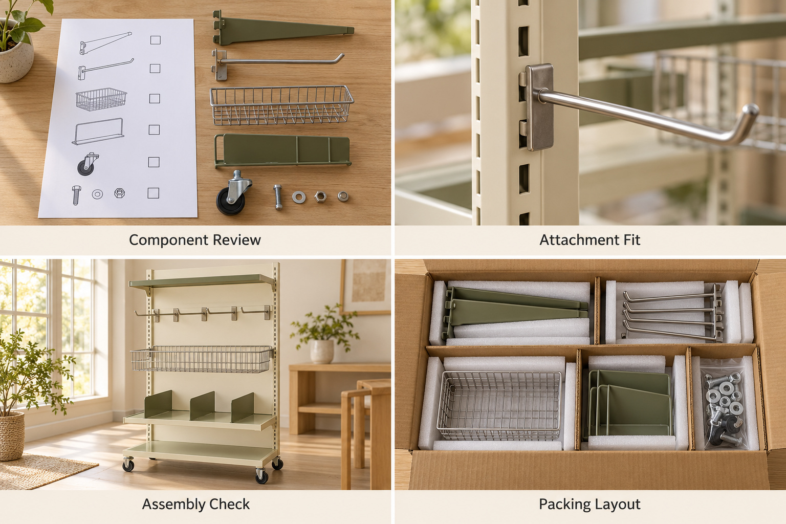 Rack component samples, fitted hooks, assembled shelving and hardware packing.