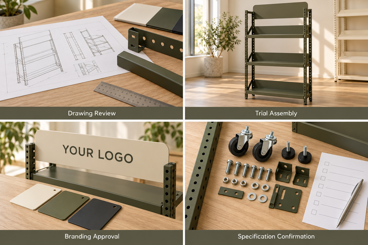 Rack drawings, assembled sample, logo panel, color swatches and hardware.