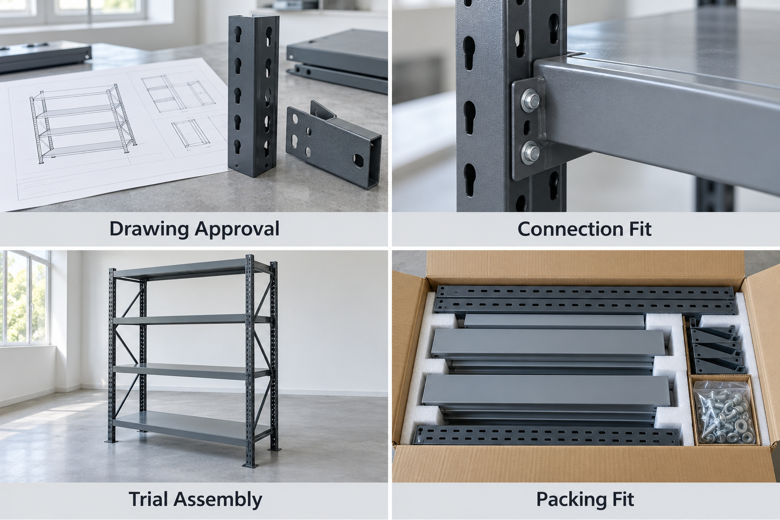 Rack drawings, connection details, trial assembly and protective packing.