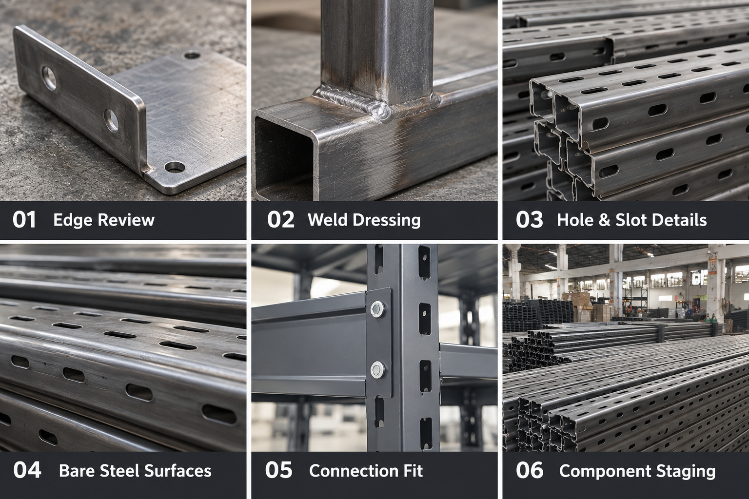 Rack edge details, dressed welds, steel surfaces and connection fit.
