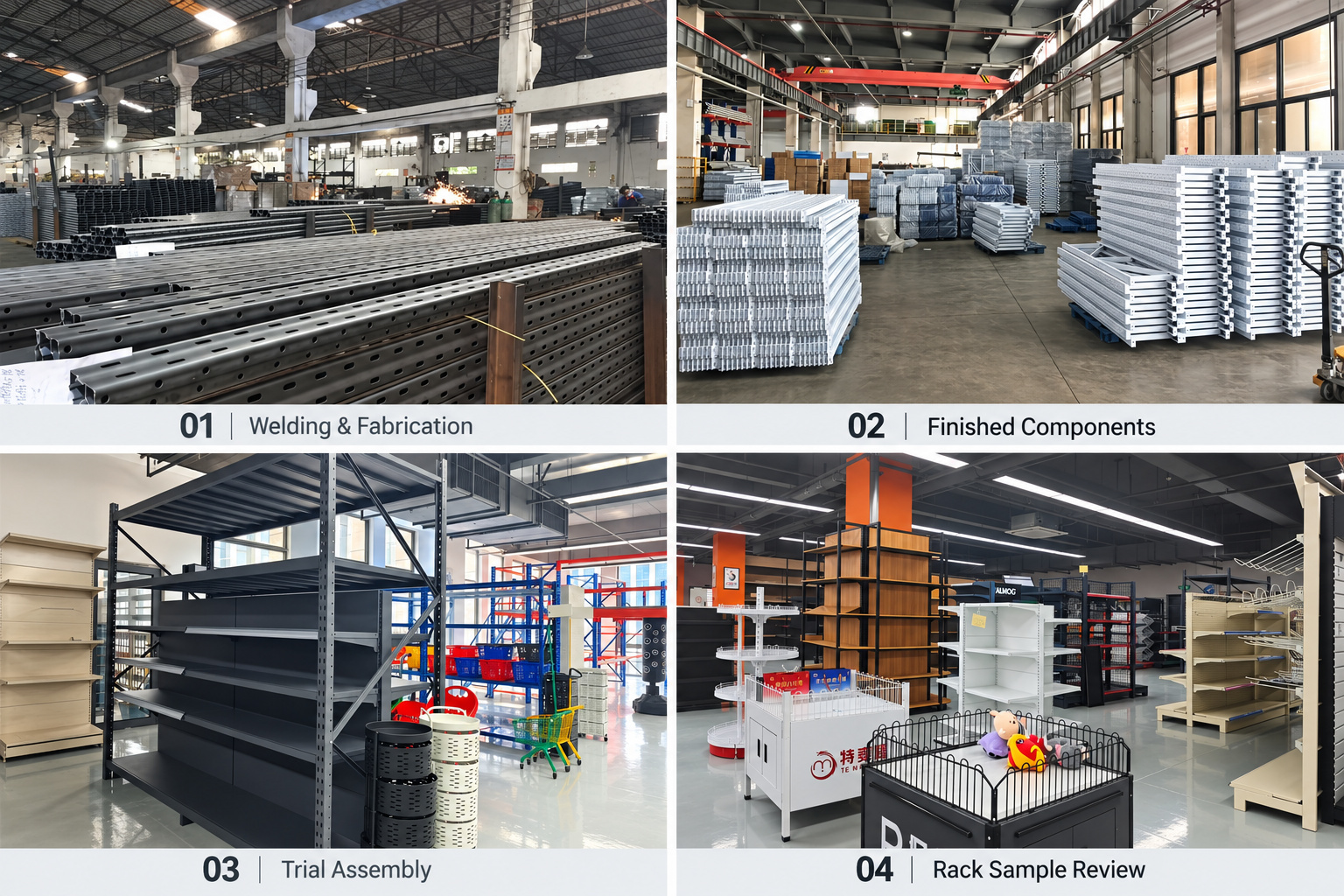 Rack fabrication, finished components, assembled shelving and sample showroom.