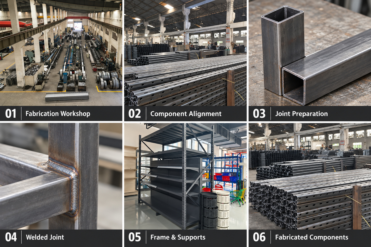 Rack fabrication workshop, steel joint preparation, welded connection and frame components.