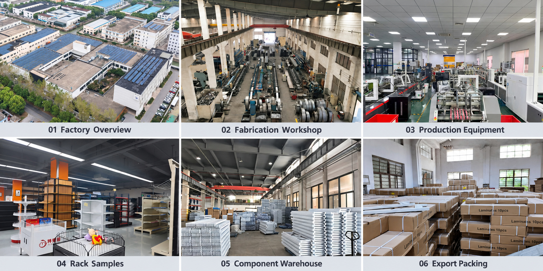Rack factory, production workshop, equipment, sample showroom, warehouse and export packing.