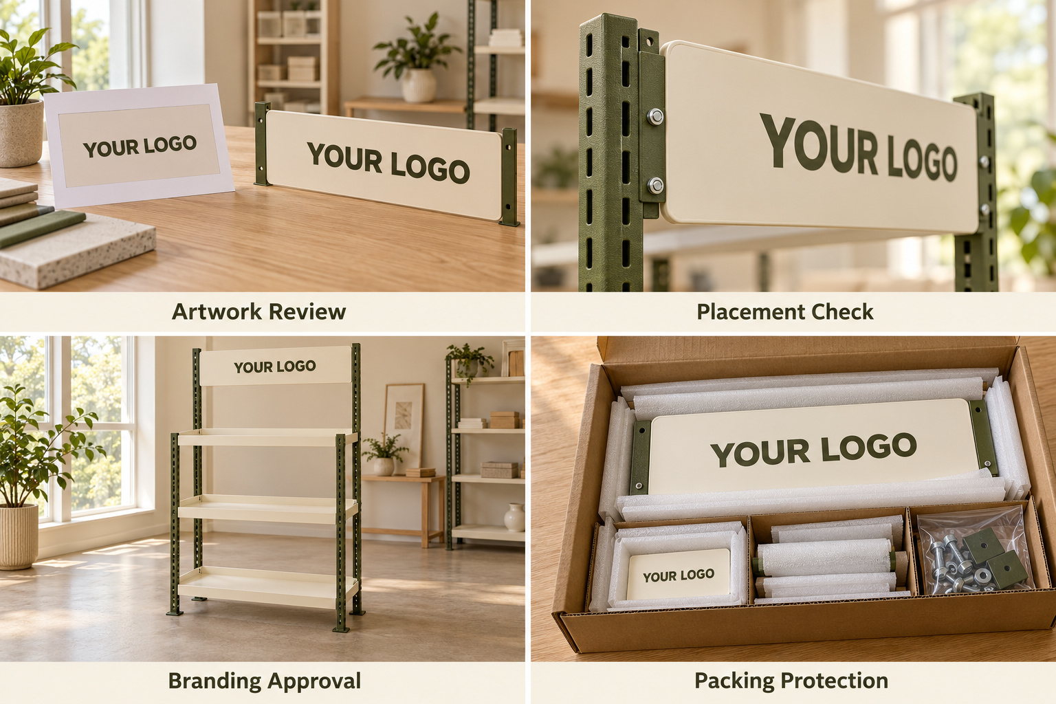 Rack logo artwork, panel placement, assembled display and protective packing.