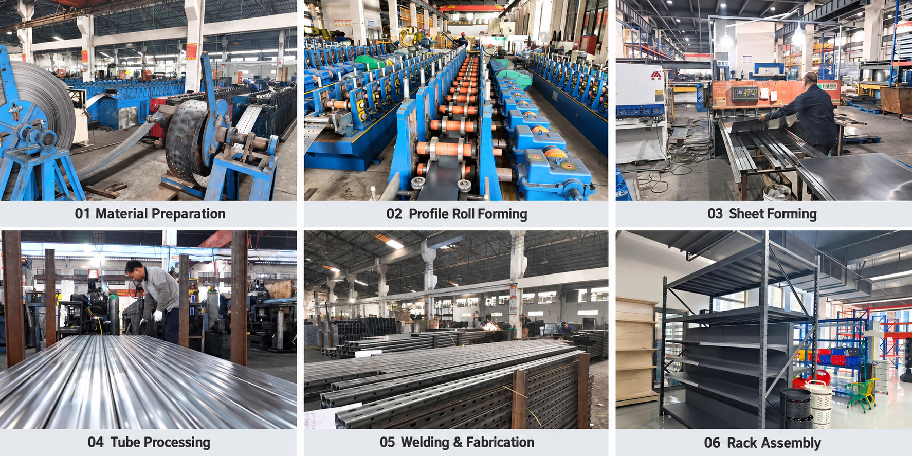 Rack manufacturing with material preparation, roll forming, sheet forming, tube processing, welding and assembly.