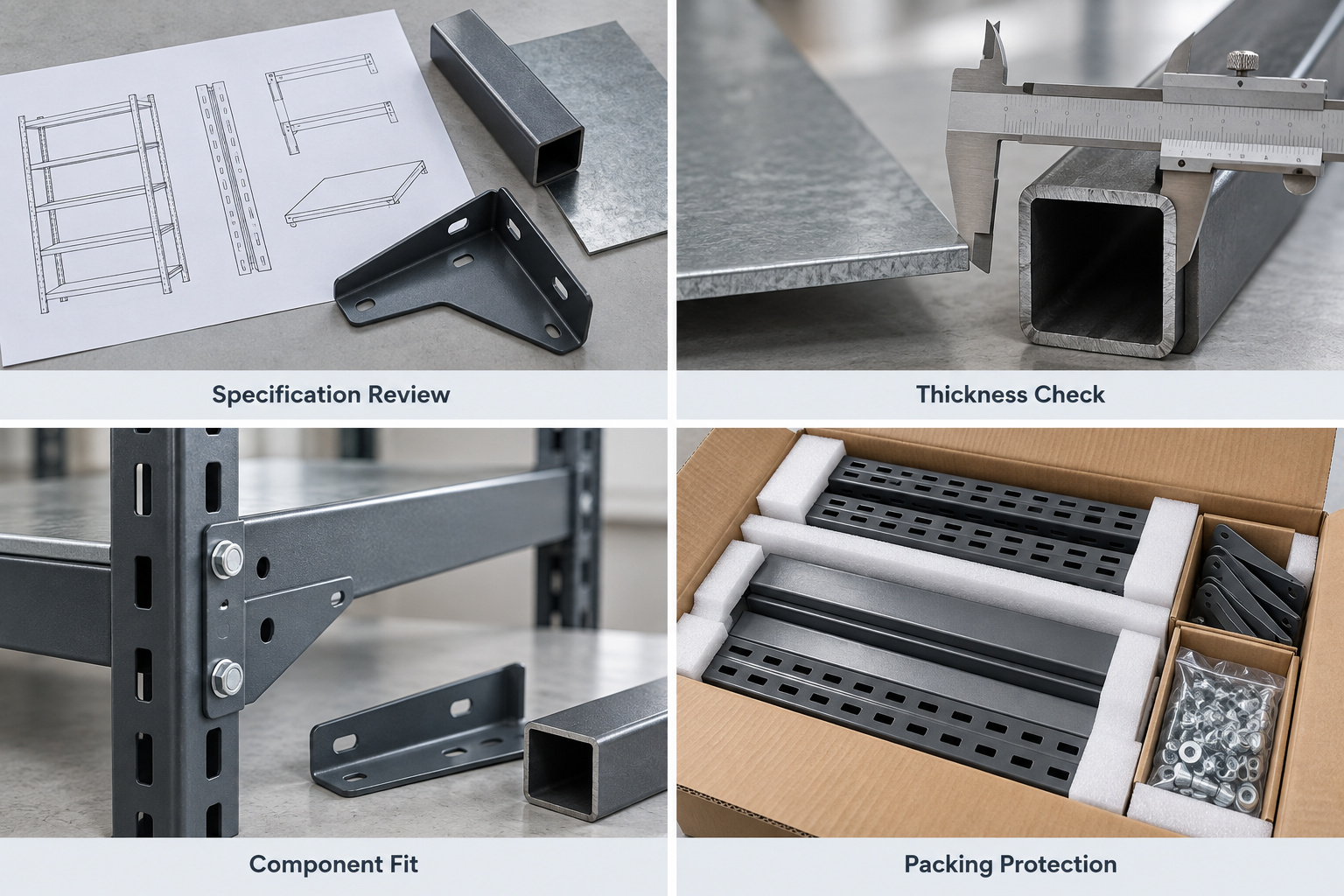 Rack material drawings, thickness checks, connection samples and protective packing.