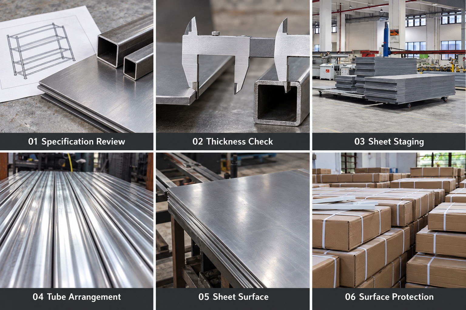 Rack material review, thickness checks, steel staging and surface protection.