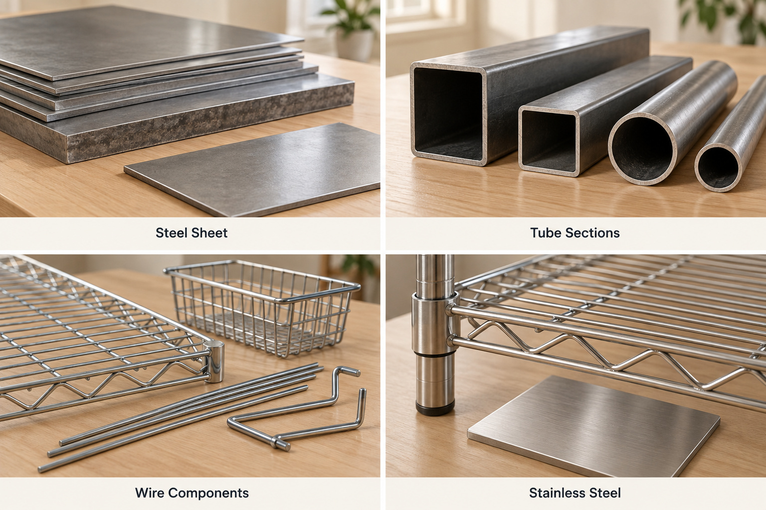 Rack material samples with steel edges, hollow tubes and wire shelving.