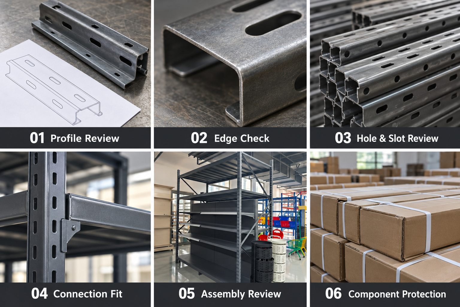 Rack profile review, punched edges, connection fit and protective packing.