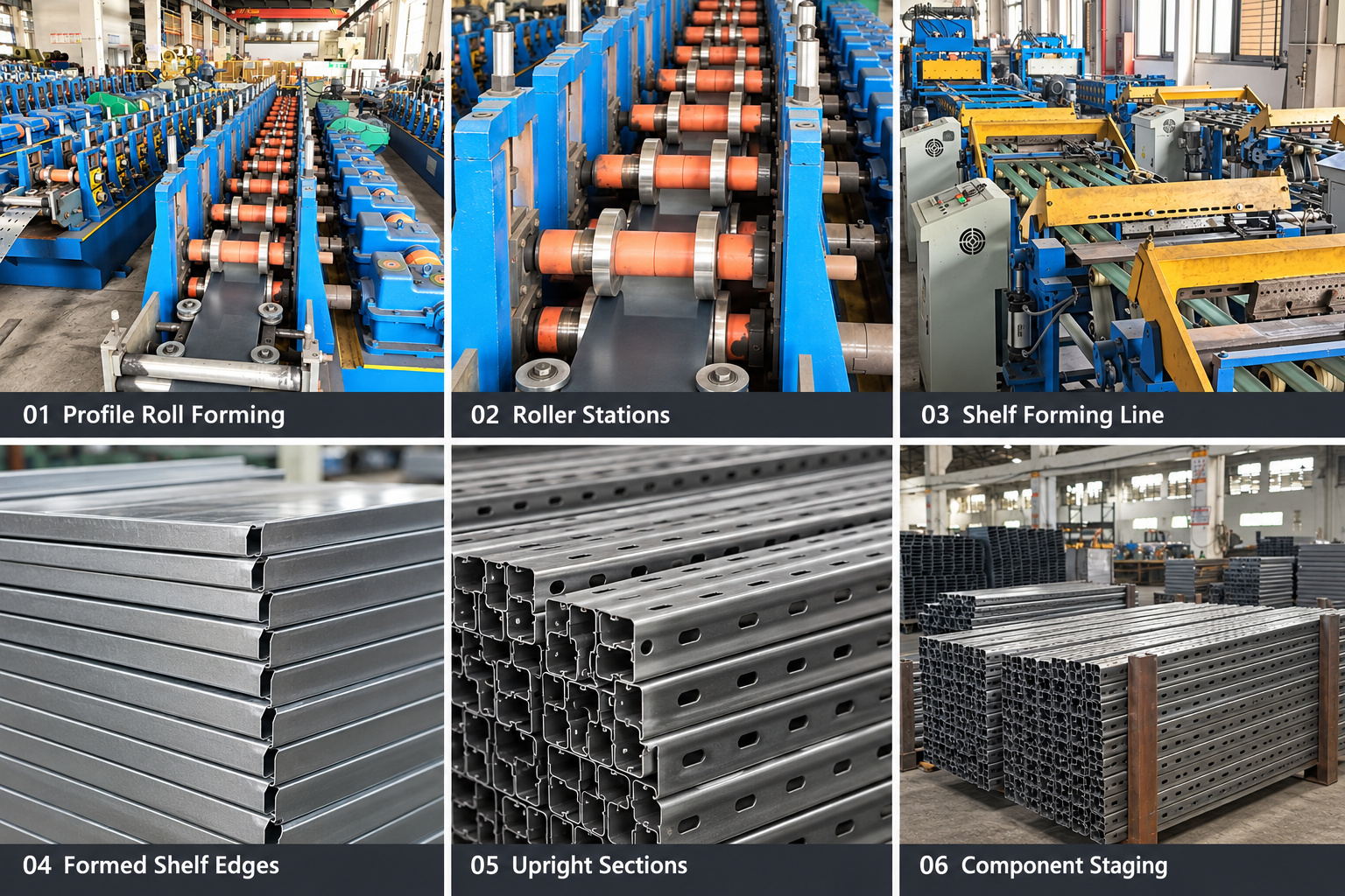 Rack roll forming lines, formed shelf edges and steel upright sections.