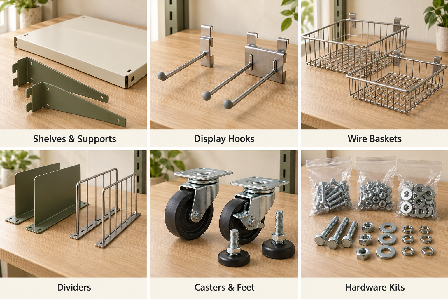 Rack shelves, hooks, wire baskets, dividers, casters and hardware kits.
