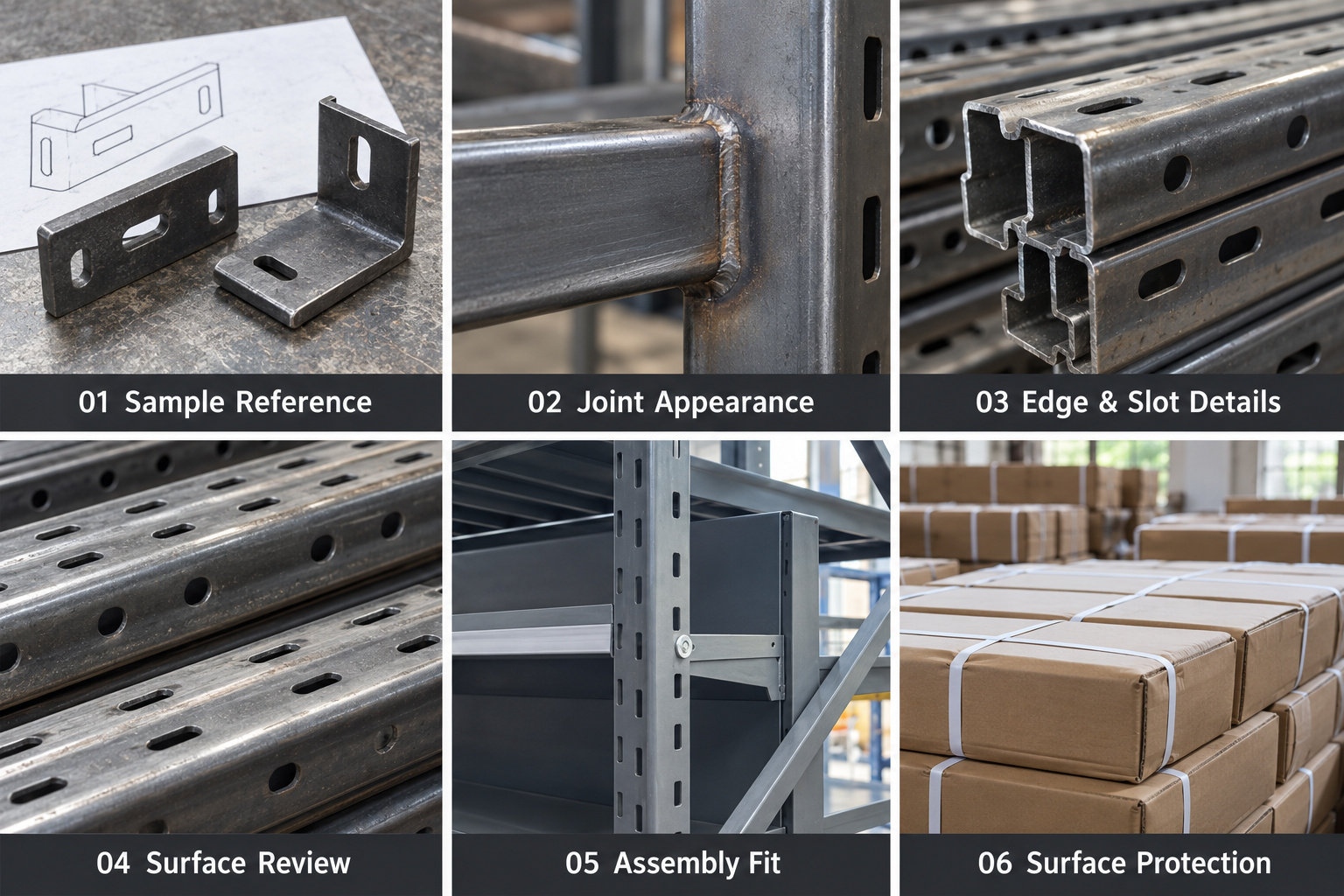 Rack surface samples, weld details, slot edges, assembly fit and protective packing.