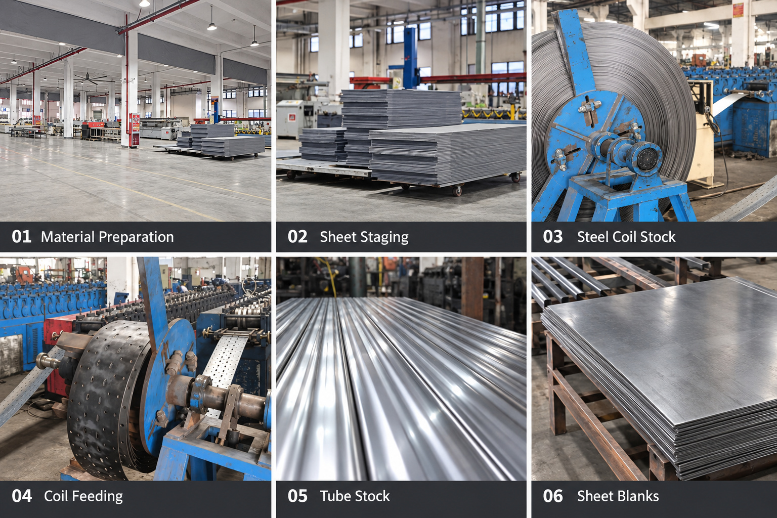 Steel sheets, coils and tubes prepared for rack manufacturing.