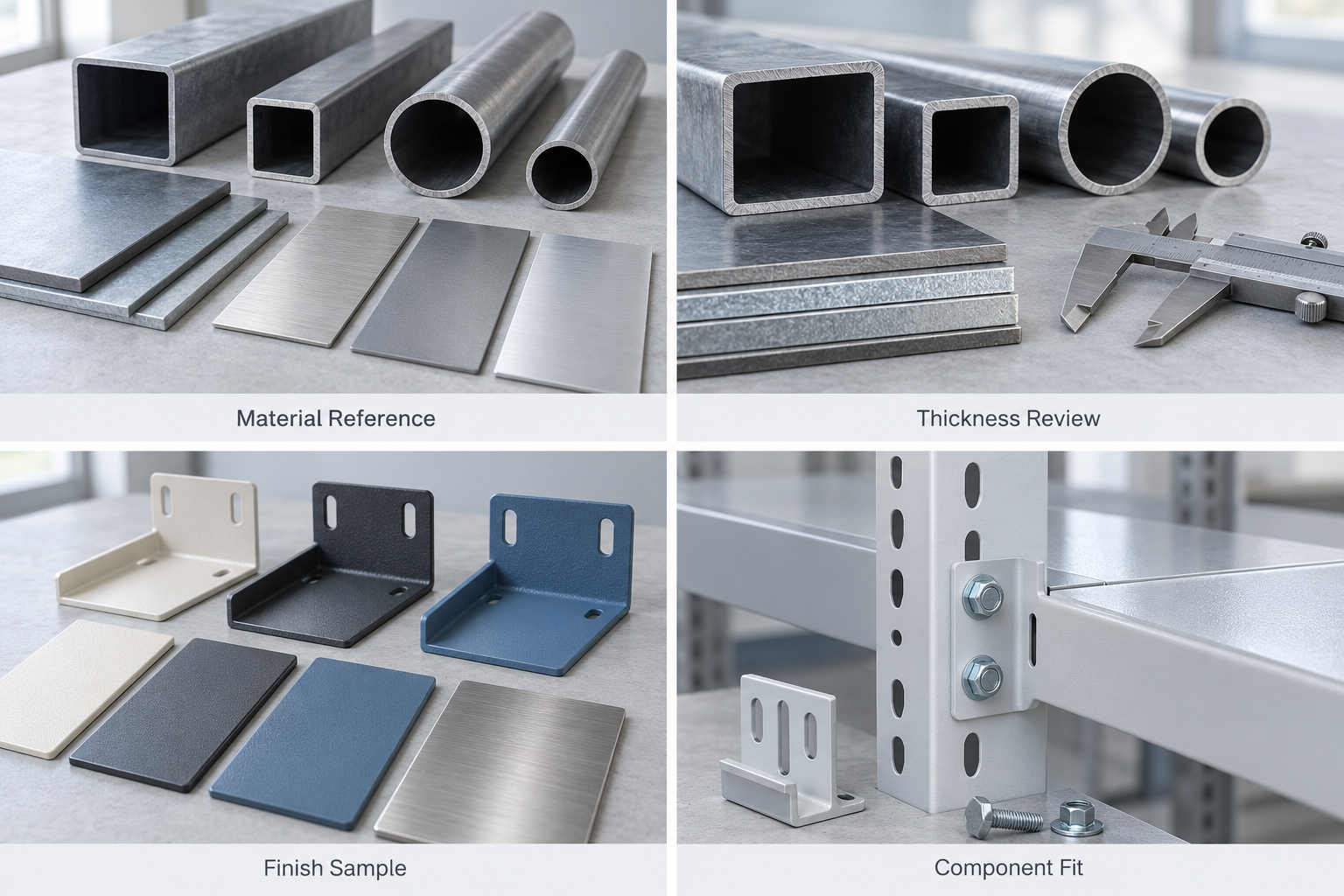 Steel tubes, stainless steel samples, coated brackets and rack connections.