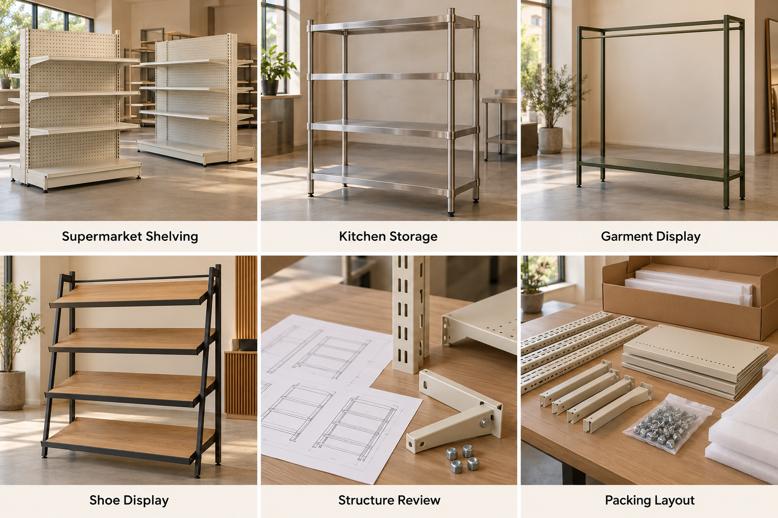 Supermarket, kitchen, garment and shoe racks with drawings and packing layouts.