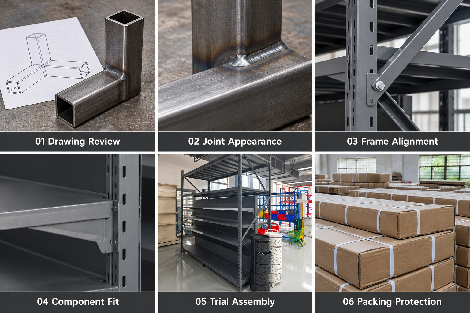Welded rack samples, frame connections, trial assembly and protective packing.